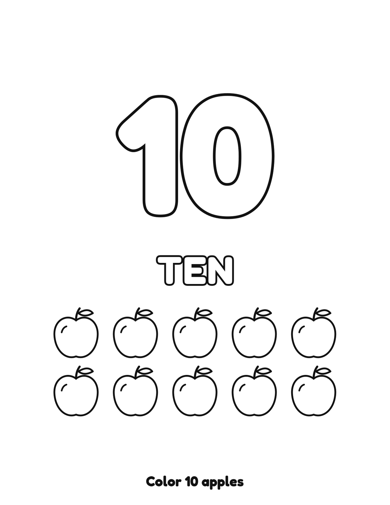 Number 10 (ten) coloring page with 10 apples to count and color