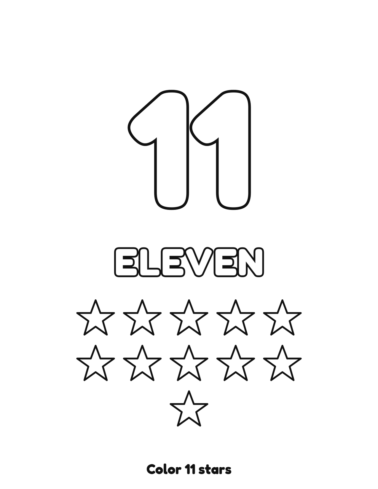Number 11 (eleven) coloring page with 11 stars to count and color