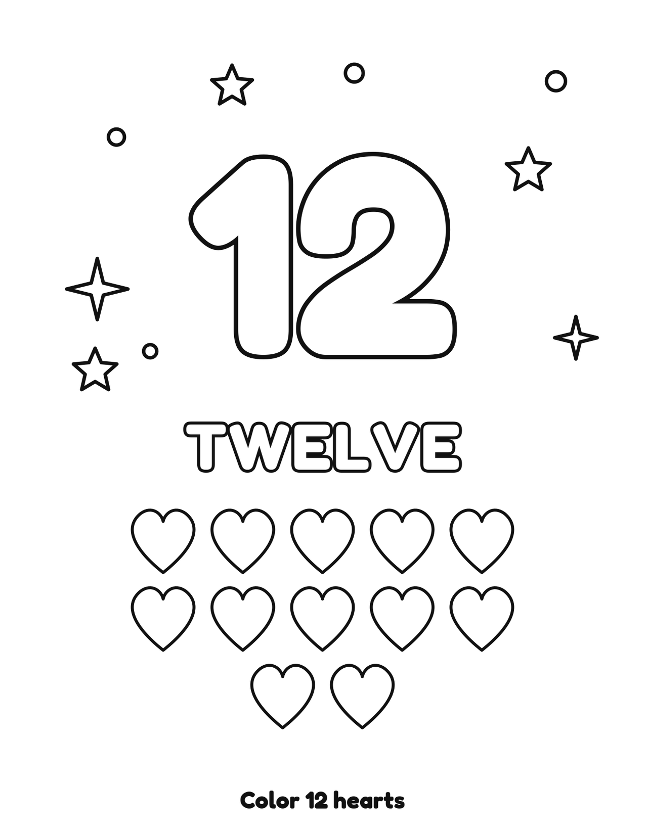 Number 12 (twelve) coloring page with 12 hearts to count and color