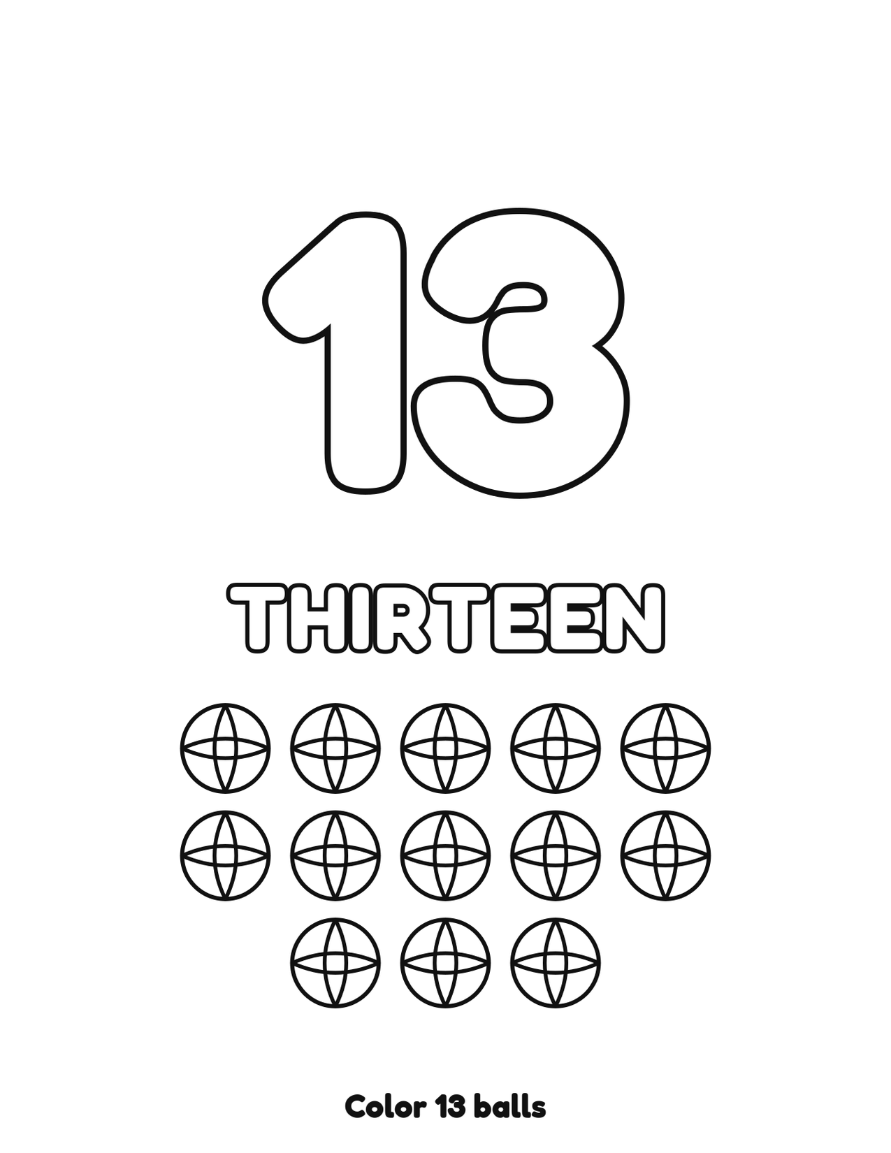 Number 13 (thirteen) coloring page with 13 balls to count and color