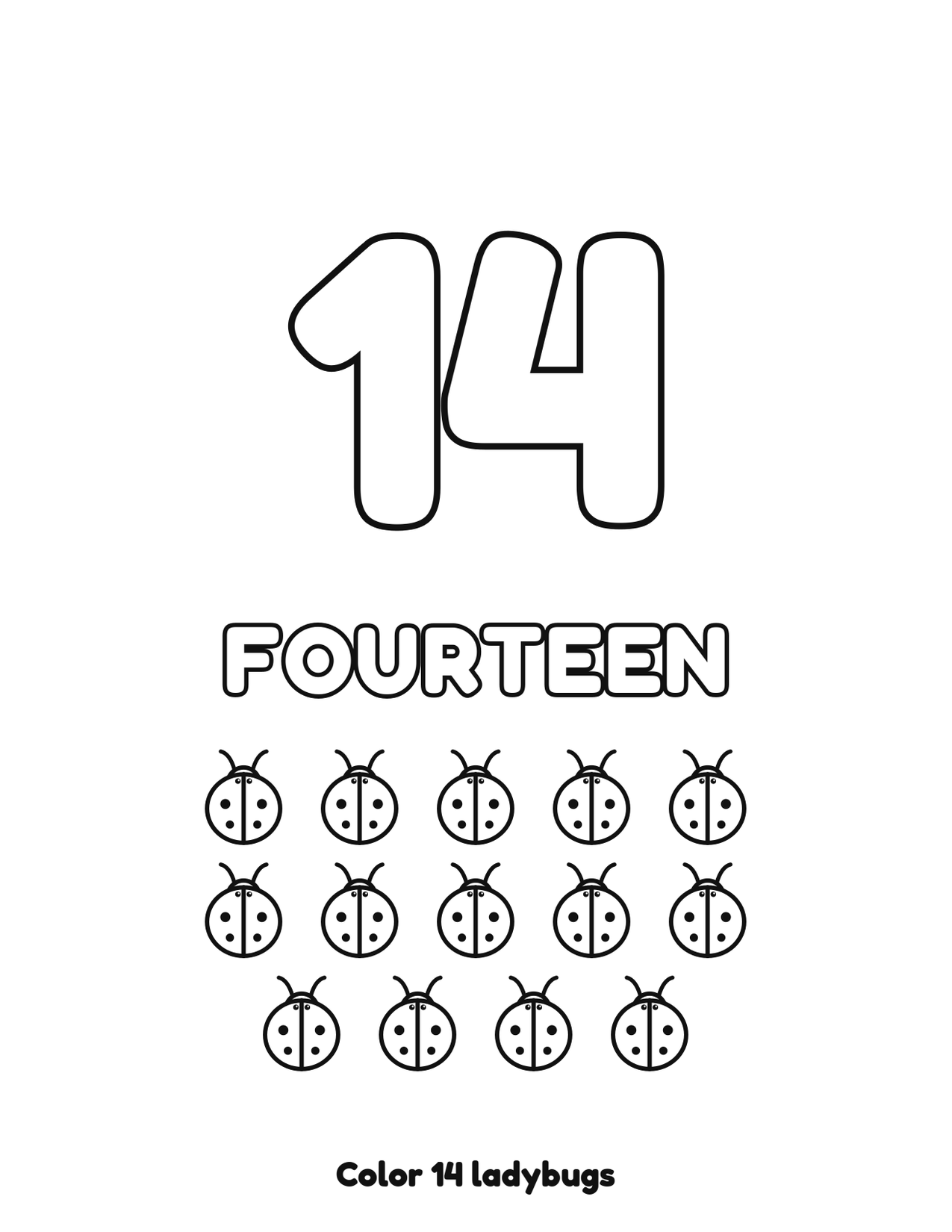 Number 14 (fourteen) coloring page with 14 ladybugs to count and color