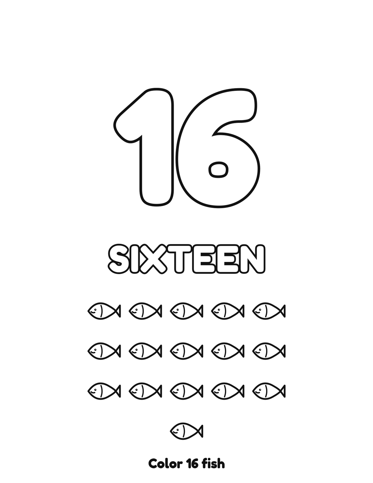Number 16 (sixteen) coloring page with 16 fish to count and color