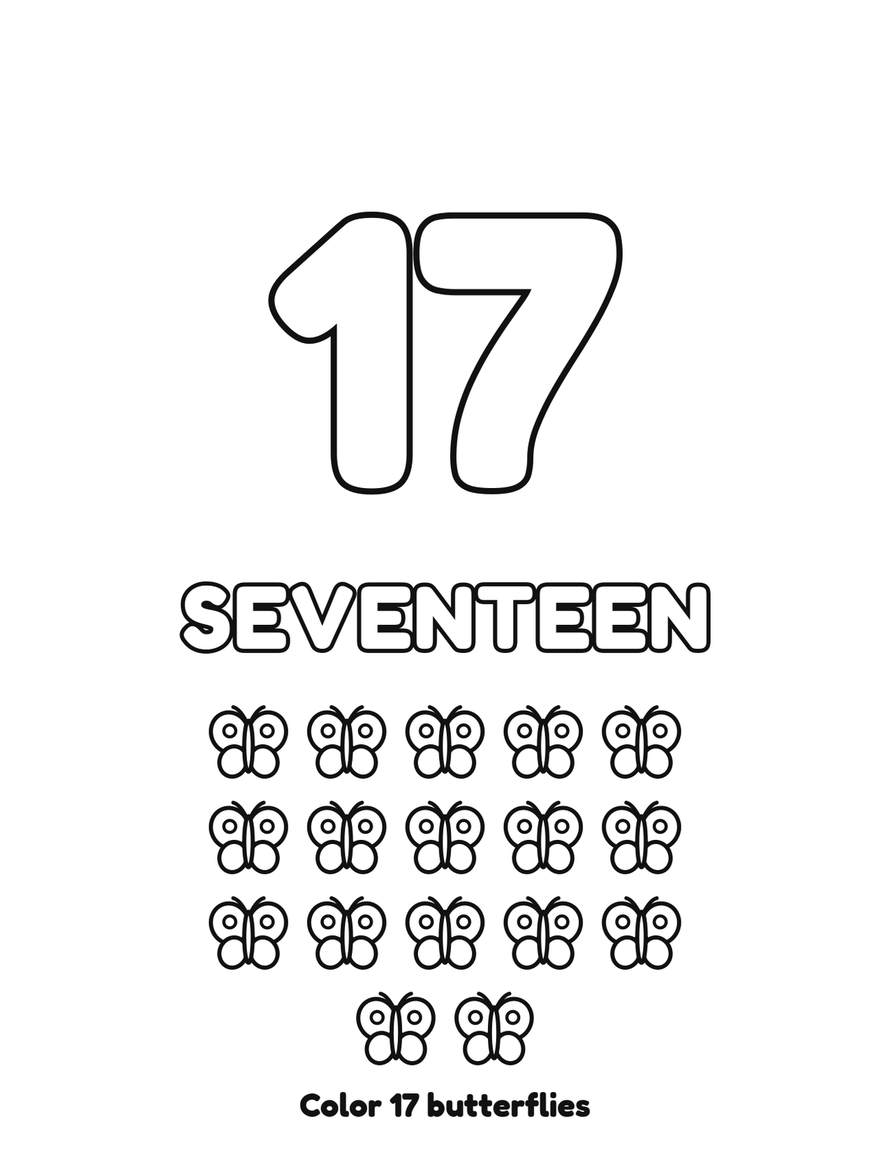 Number 17 (seventeen) coloring page with 17 butterflies to count and color