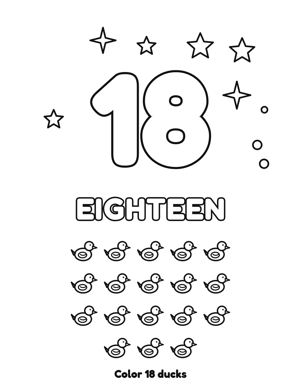 Number 18 (eighteen) coloring page with 18 ducks to count and color