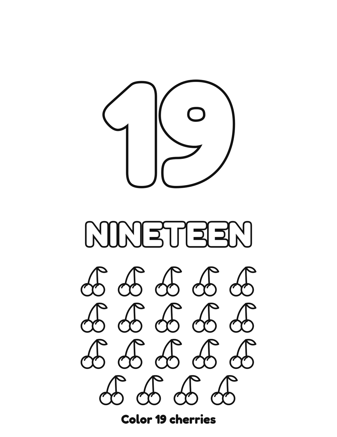 Number 19 (nineteen) coloring page with 19 cherries to count and color