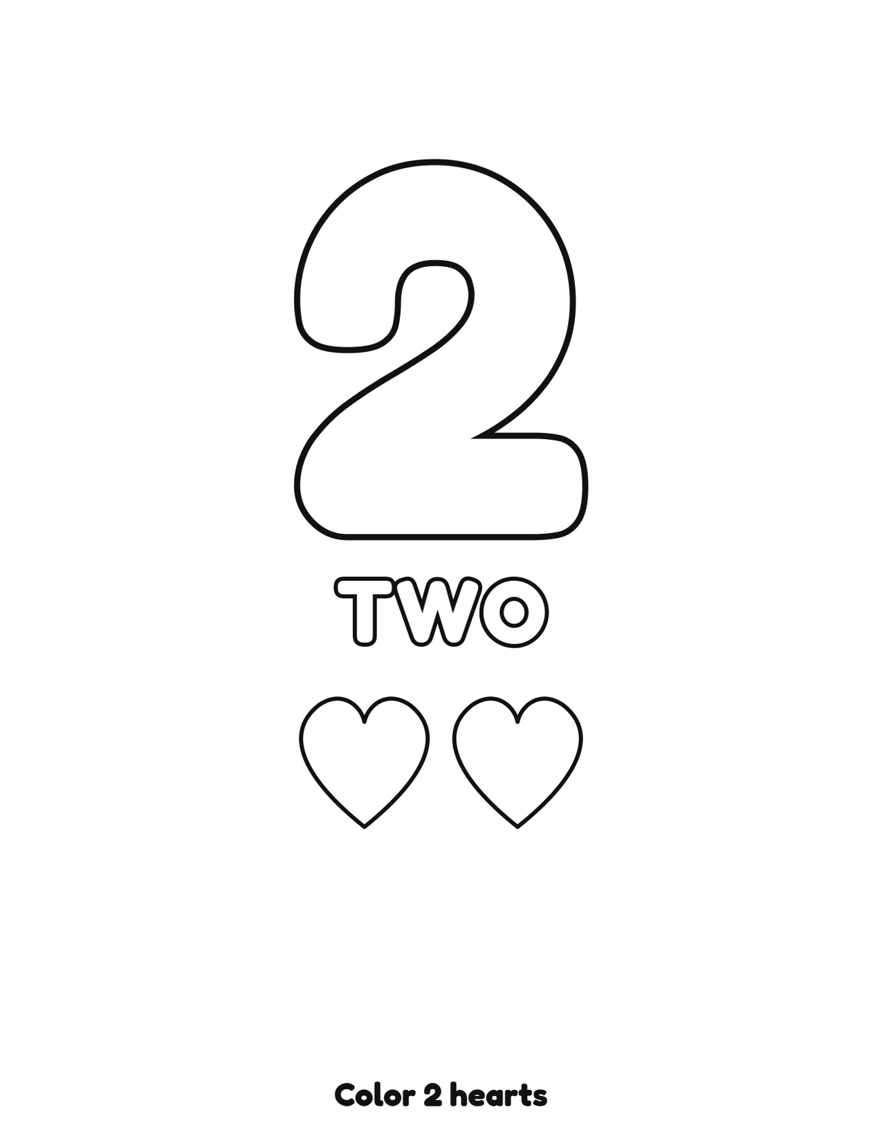 Number 2 (two) coloring page with 2 hearts to count and color