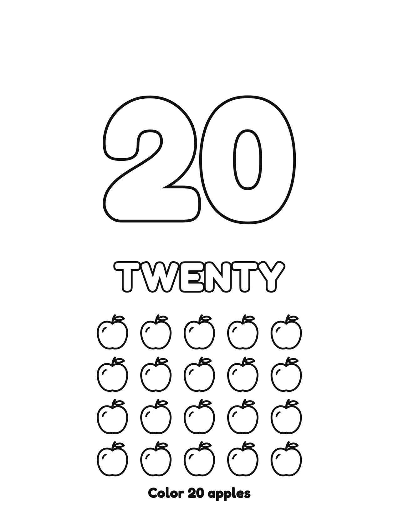 Number 20 (twenty) coloring page with 20 apples to count and color