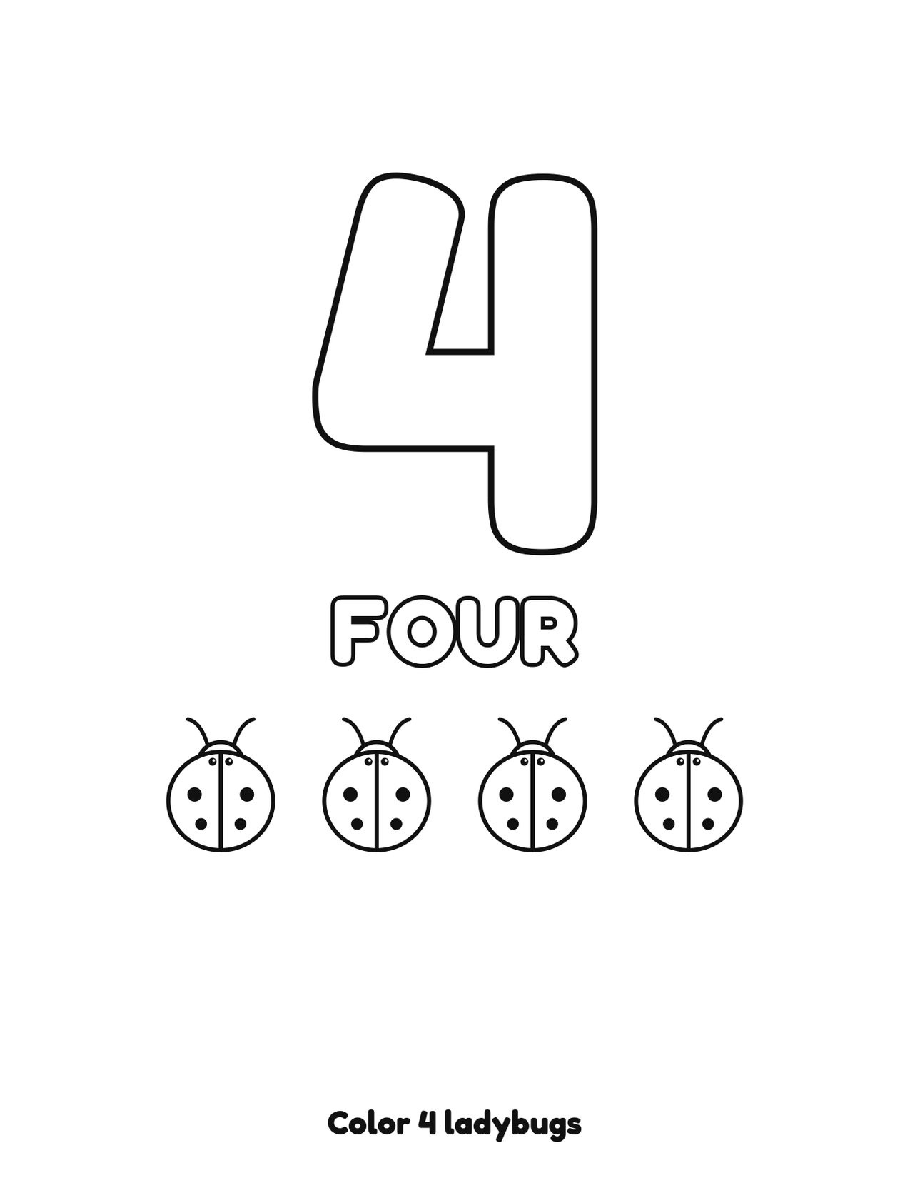 Number 4 (four) coloring page with 4 ladybugs to count and color