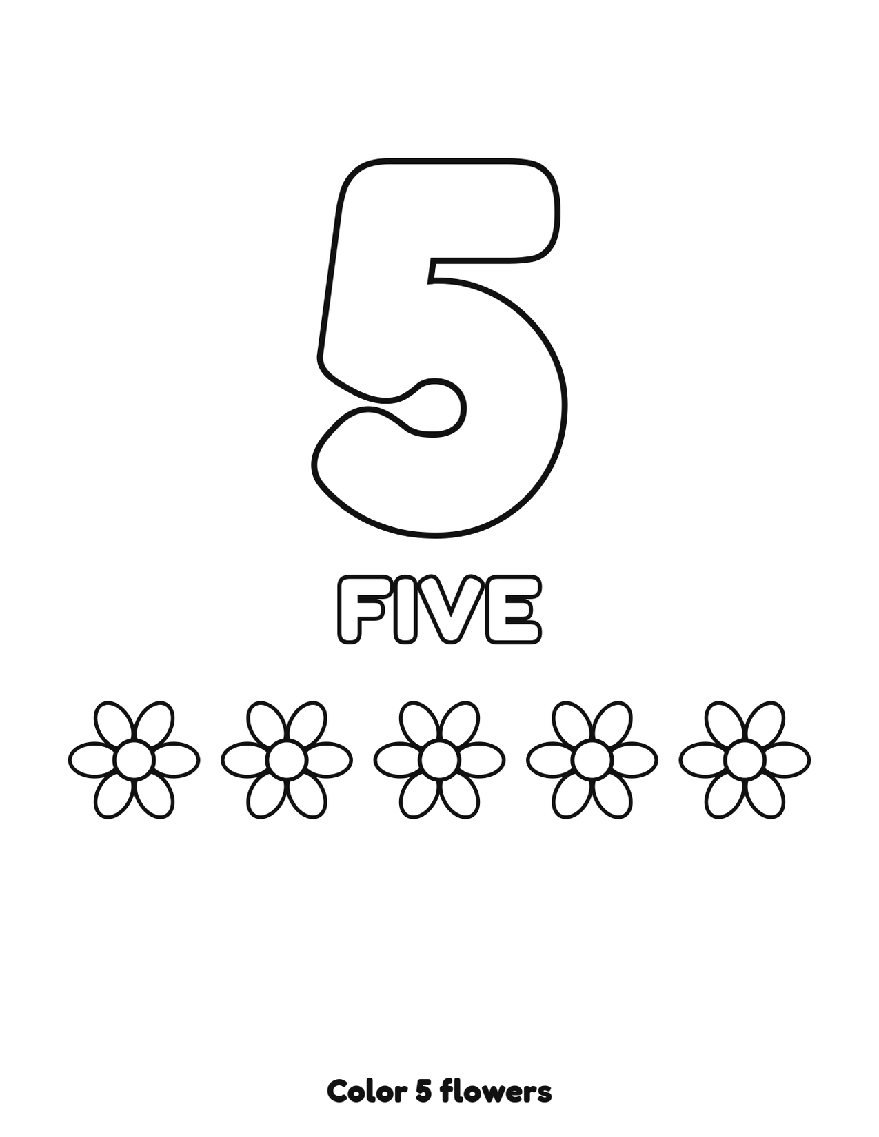 Number 5 (five) coloring page with 5 flowers to count and color