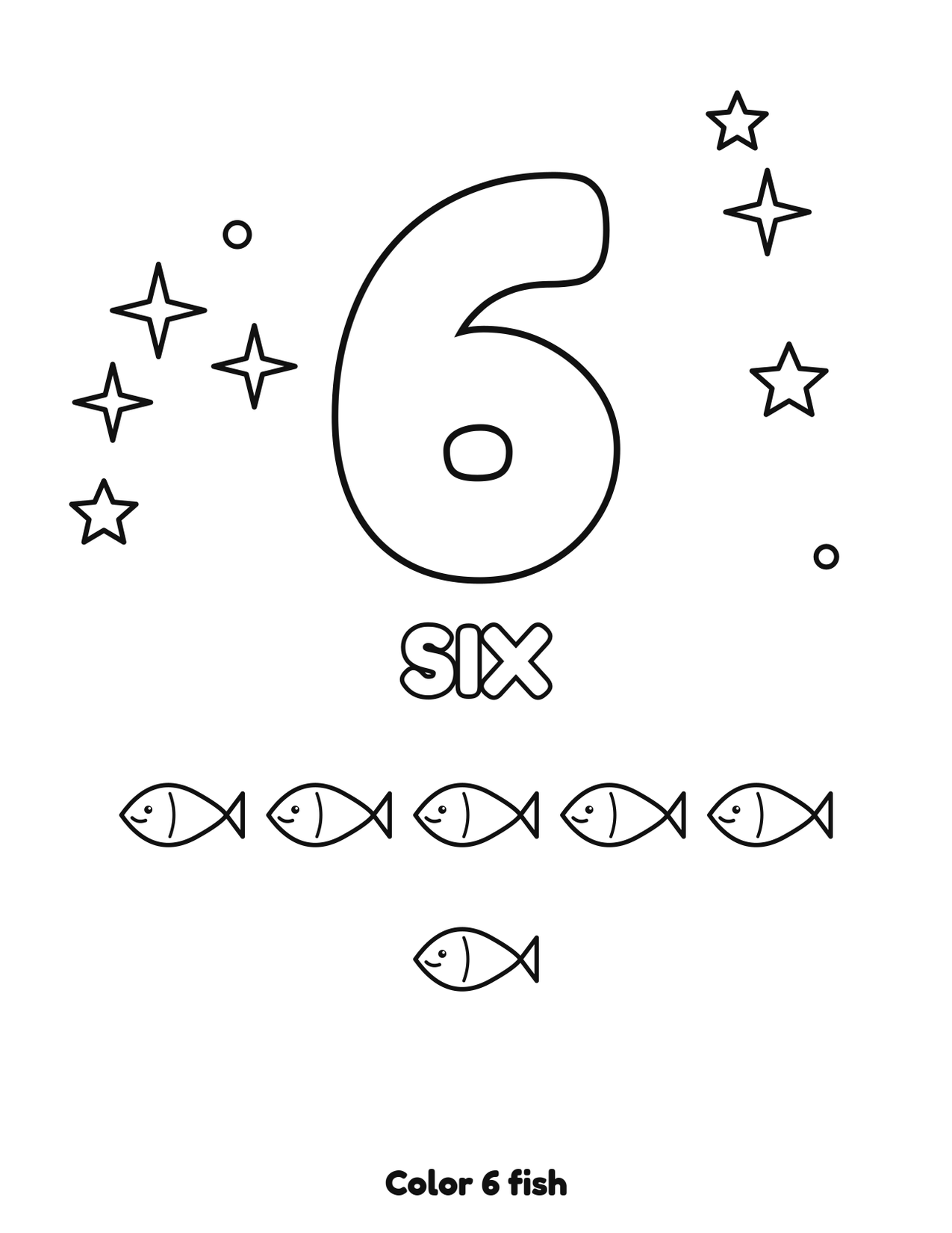 Number 6 (six) coloring page with 6 fish to count and color