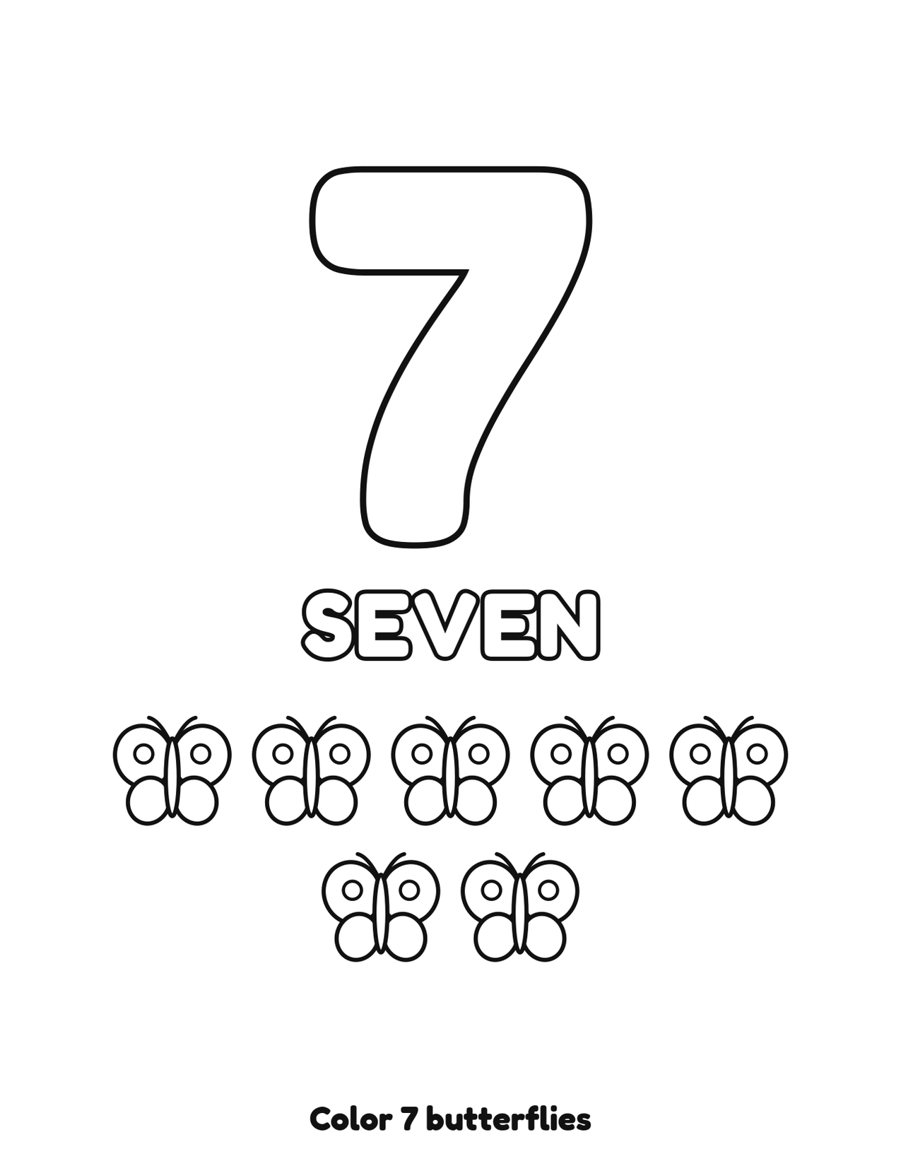 Number 7 (seven) coloring page with 7 butterflies to count and color