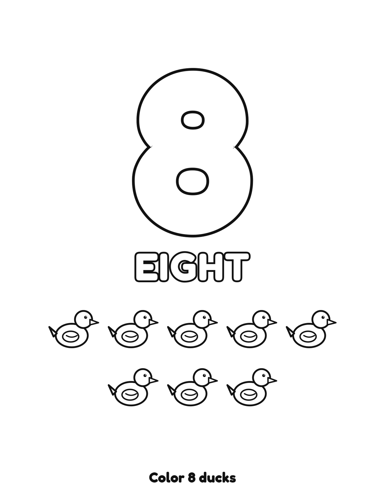 Number 8 (eight) coloring page with 8 ducks to count and color