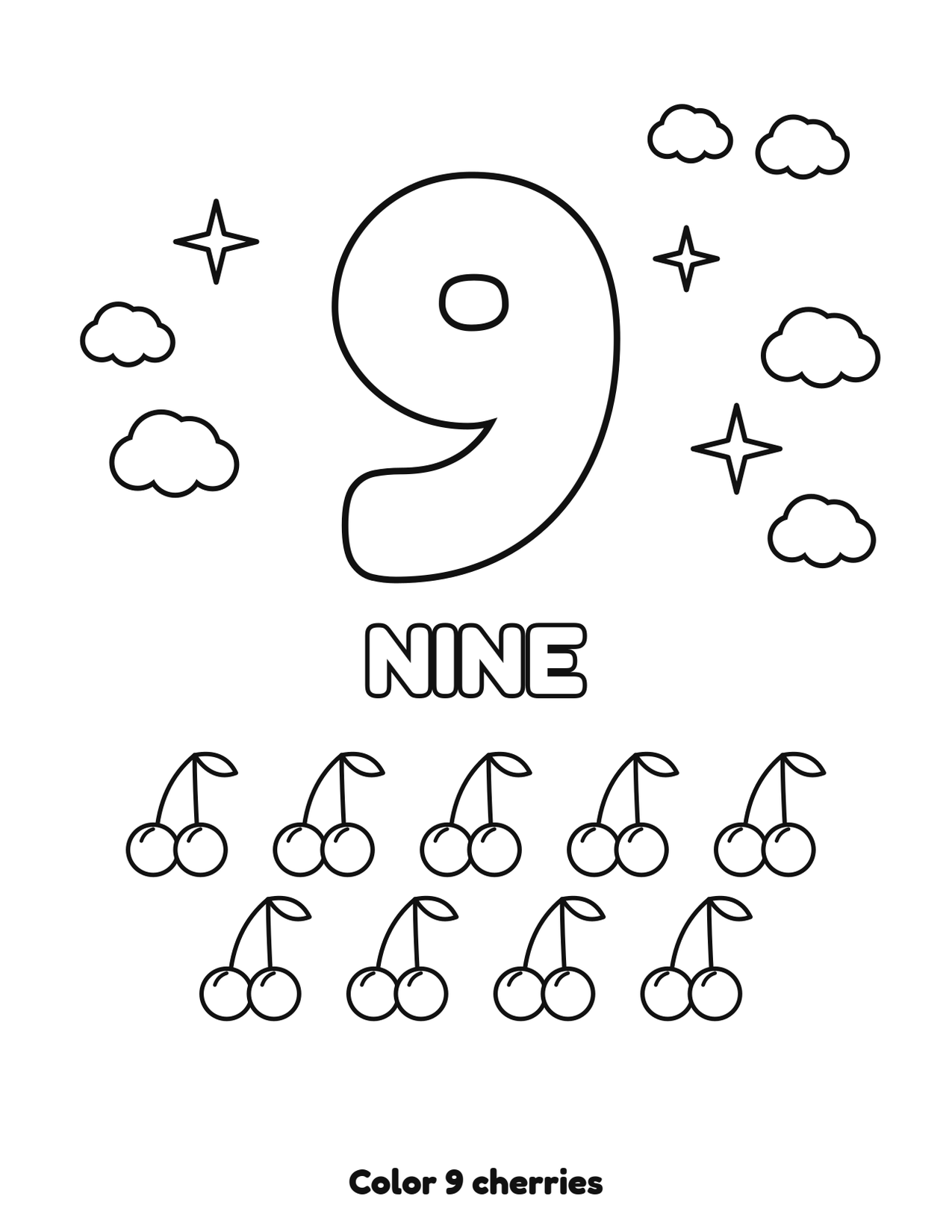 Number 9 (nine) coloring page with 9 cherries to count and color