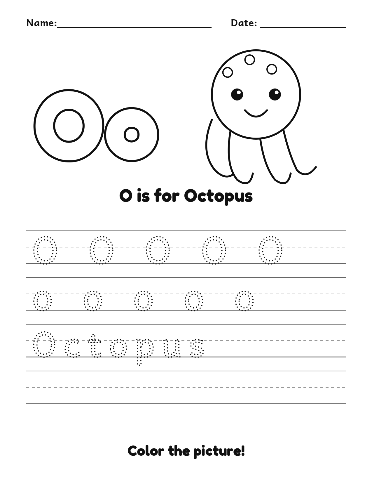 O is for Octopus animal alphabet tracing worksheet with a octopus picture and writing lines