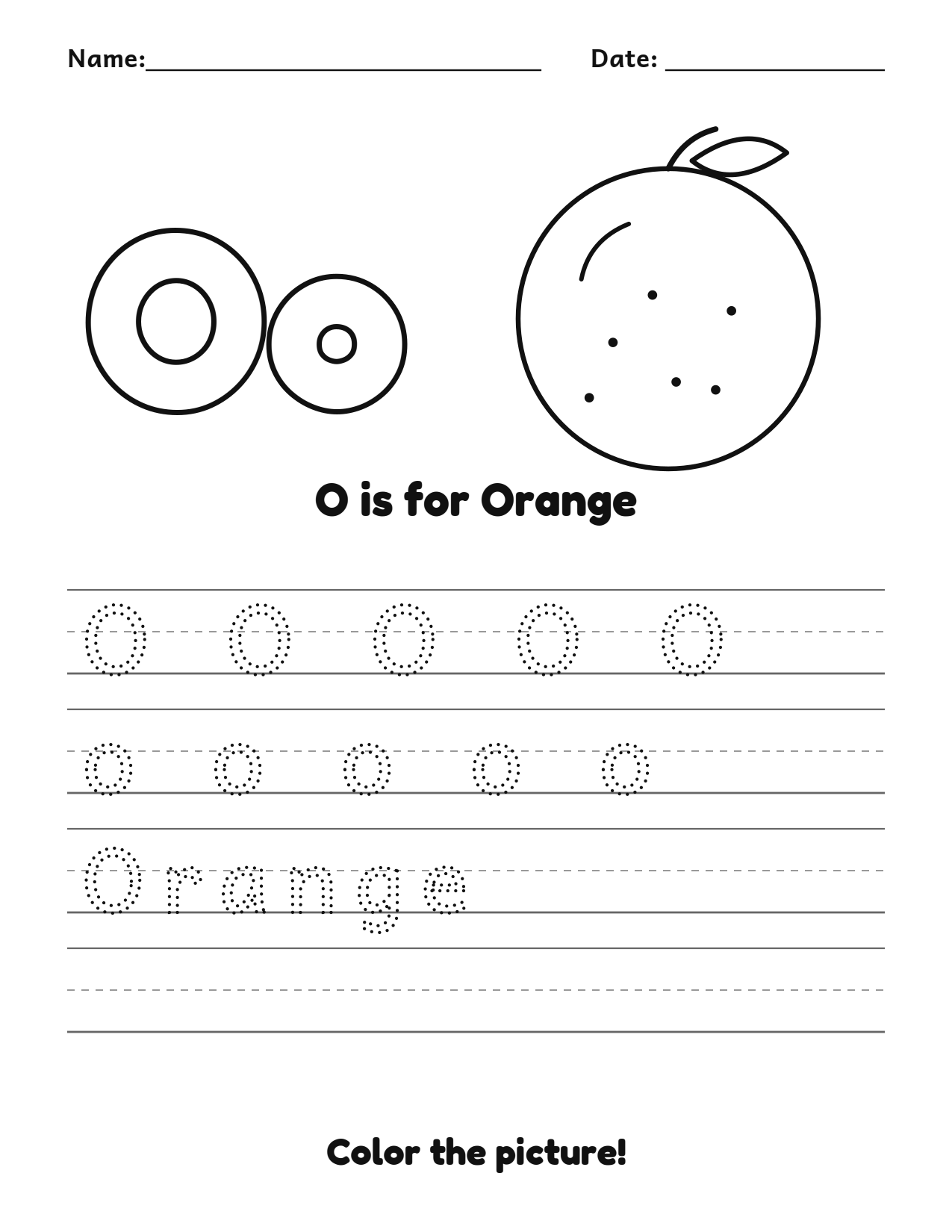 O is for Orange fruit and vegetable tracing worksheet with a orange picture and writing lines