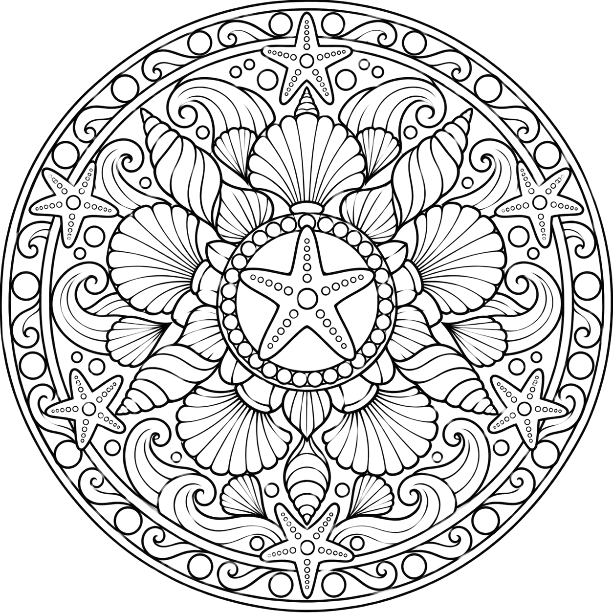 Ocean Shells and Starfish Mandala coloring page with intricate patterns to print and color