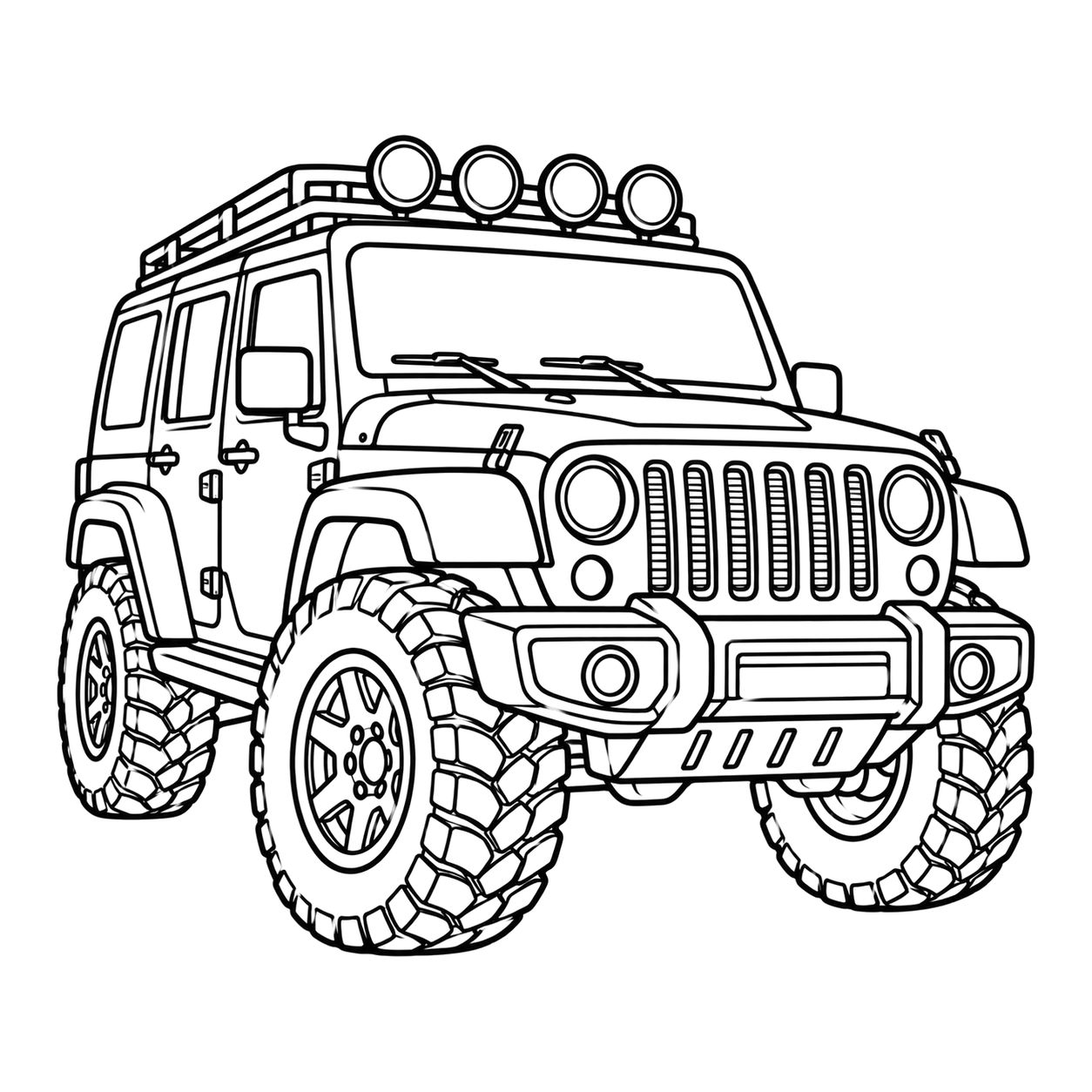 Off road 4x4 coloring page 3: an off-road 4x4 with chunky tires to print and color
