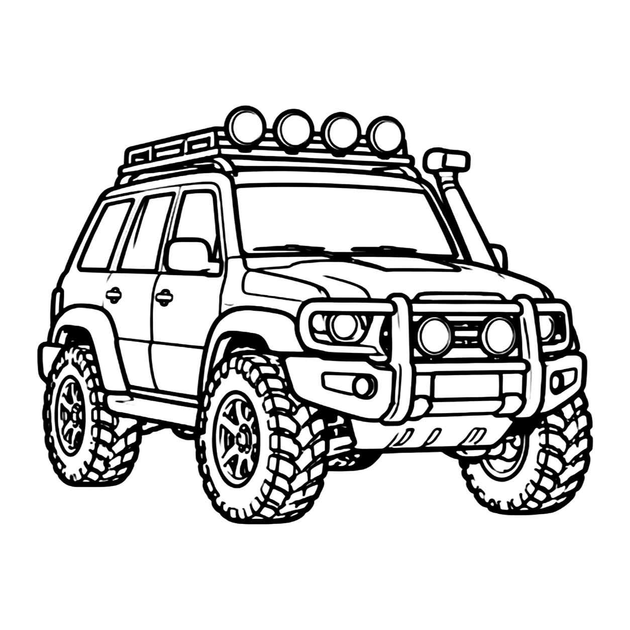Off road suv coloring page 1: a rugged off-road SUV with a roof rack to print and color