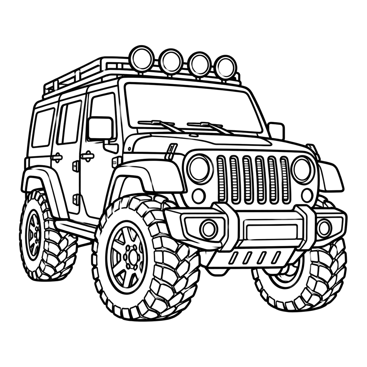 Off road suv coloring page 2: a rugged off-road SUV with a roof rack to print and color