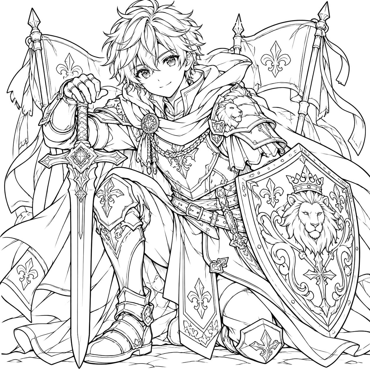 Ornate Anime Knight with Sword and Shield: anime coloring page with detailed line art to print and color