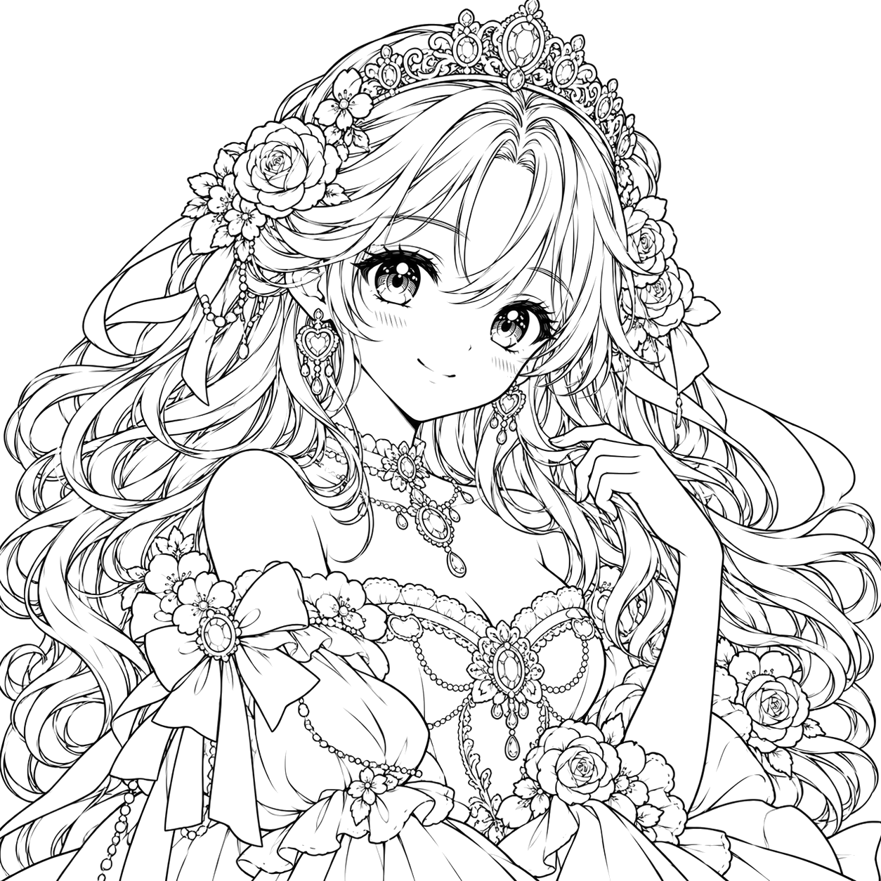 Ornate Anime Princess Portrait: anime coloring page with detailed line art to print and color