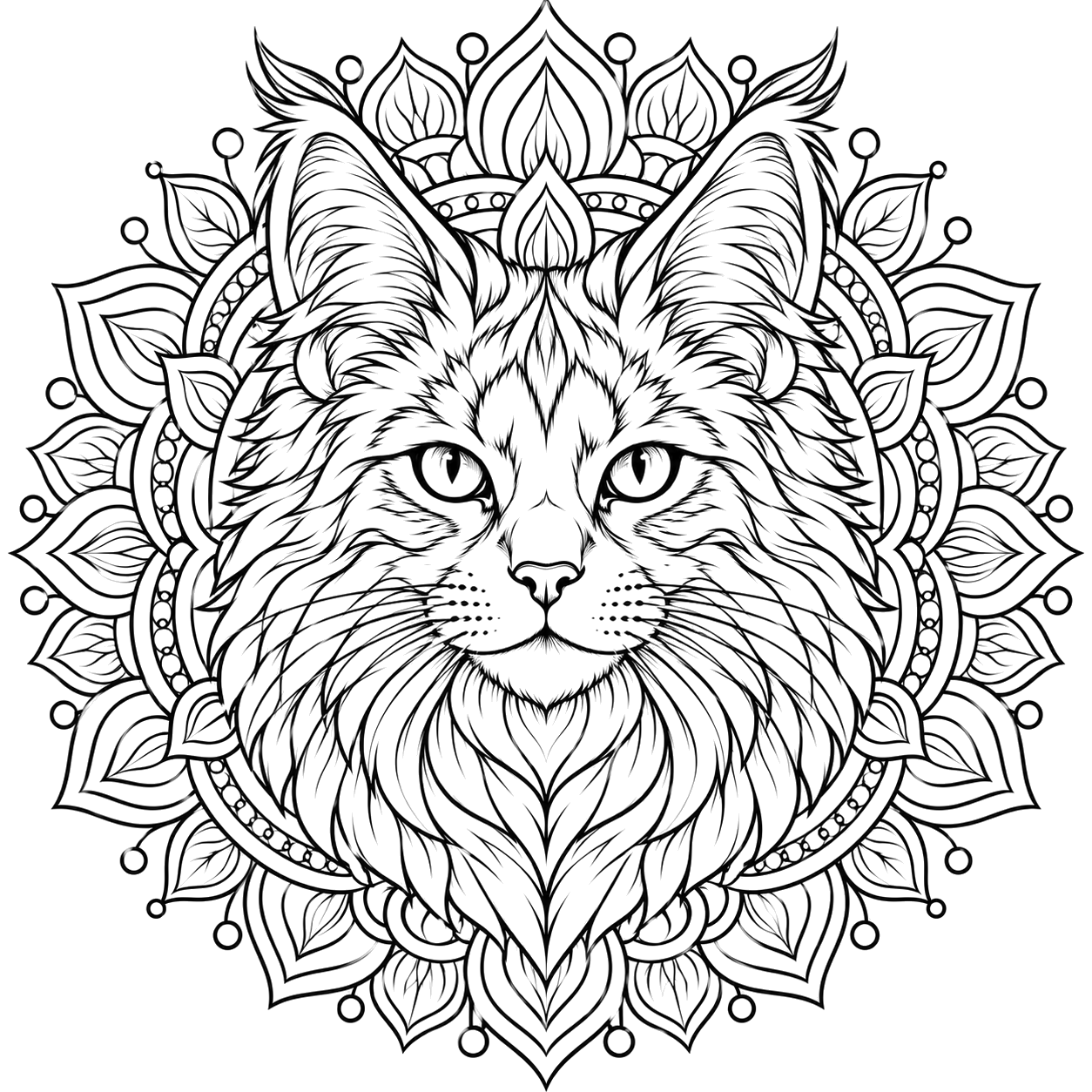 Ornate Cat Mandala Portrait coloring page with intricate patterns to print and color