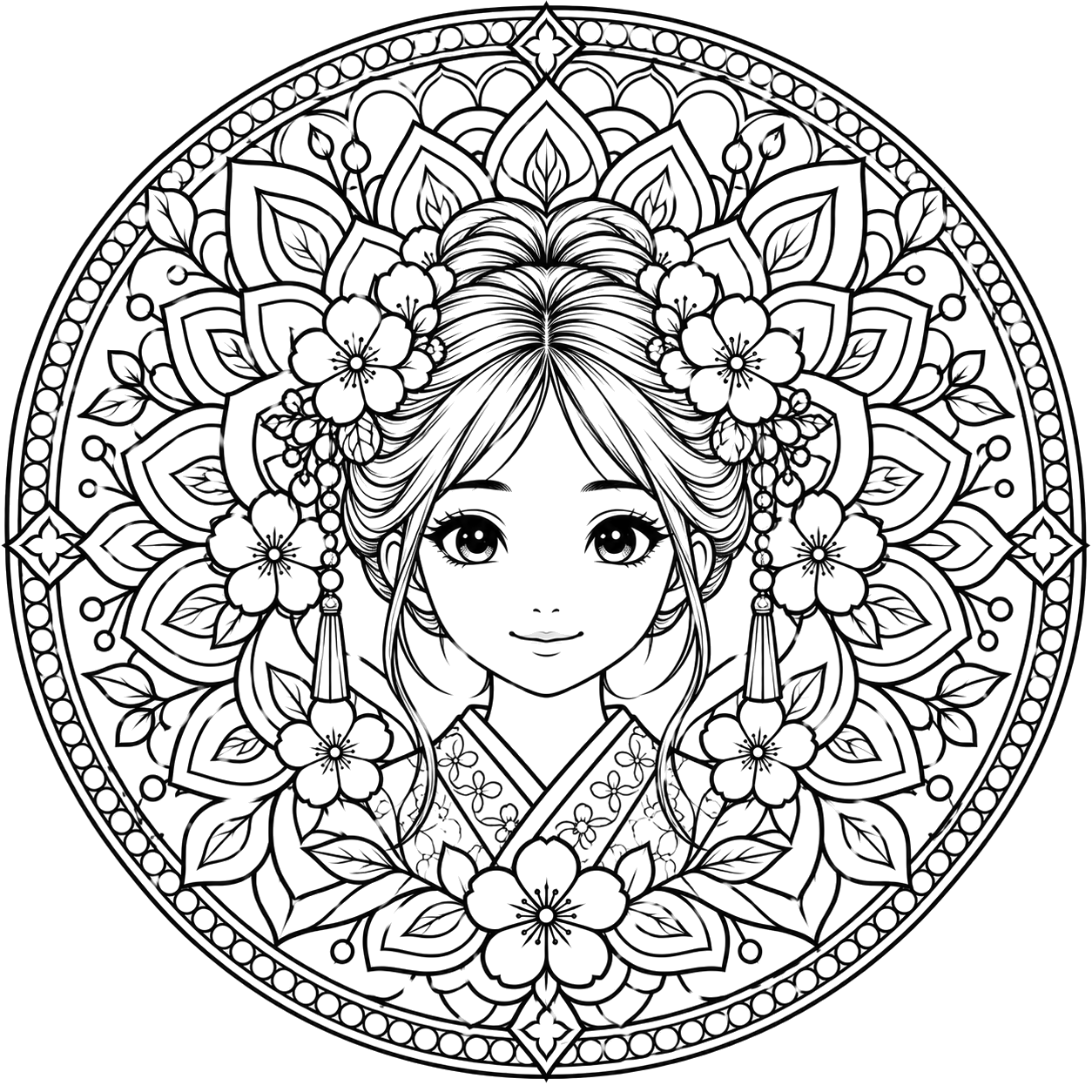 Ornate East Asian Mandala Portrait coloring page with intricate patterns to print and color