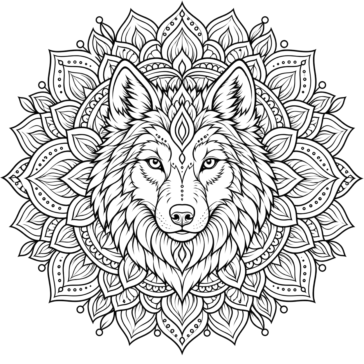 Ornate Wolf Mandala Portrait coloring page with intricate patterns to print and color