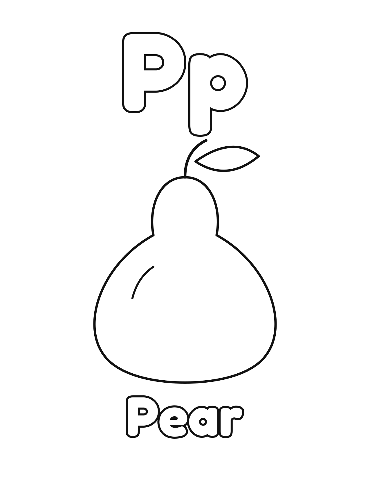 P is for Pear fruit and vegetable alphabet coloring page with pear to color