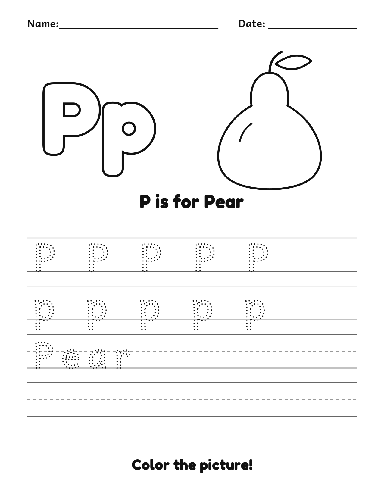 P is for Pear fruit and vegetable tracing worksheet with a pear picture and writing lines
