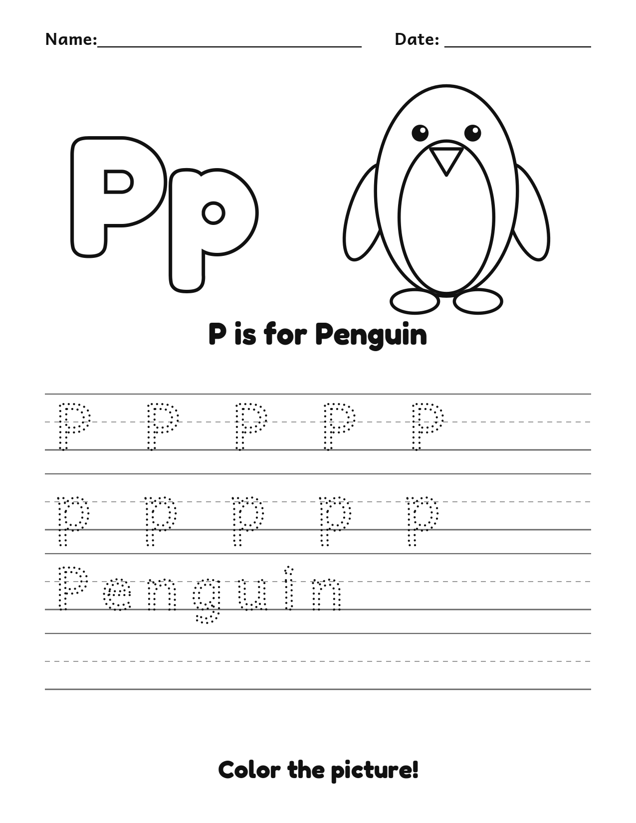 P is for Penguin animal alphabet tracing worksheet with a penguin picture and writing lines
