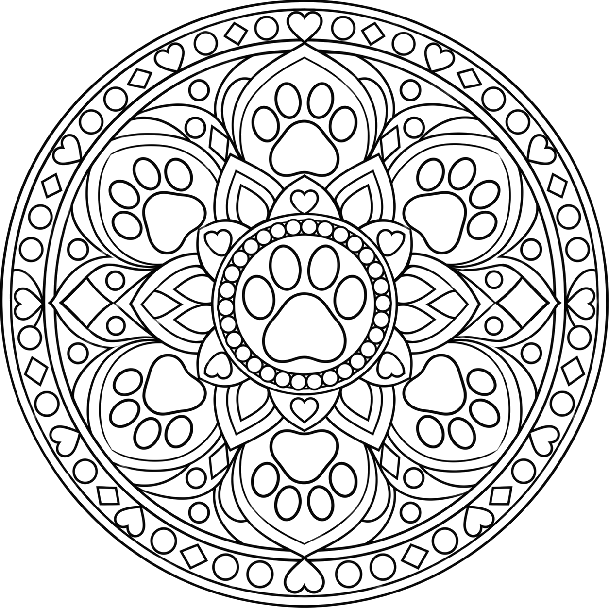 Paw Print Heart Mandala coloring page with intricate patterns to print and color