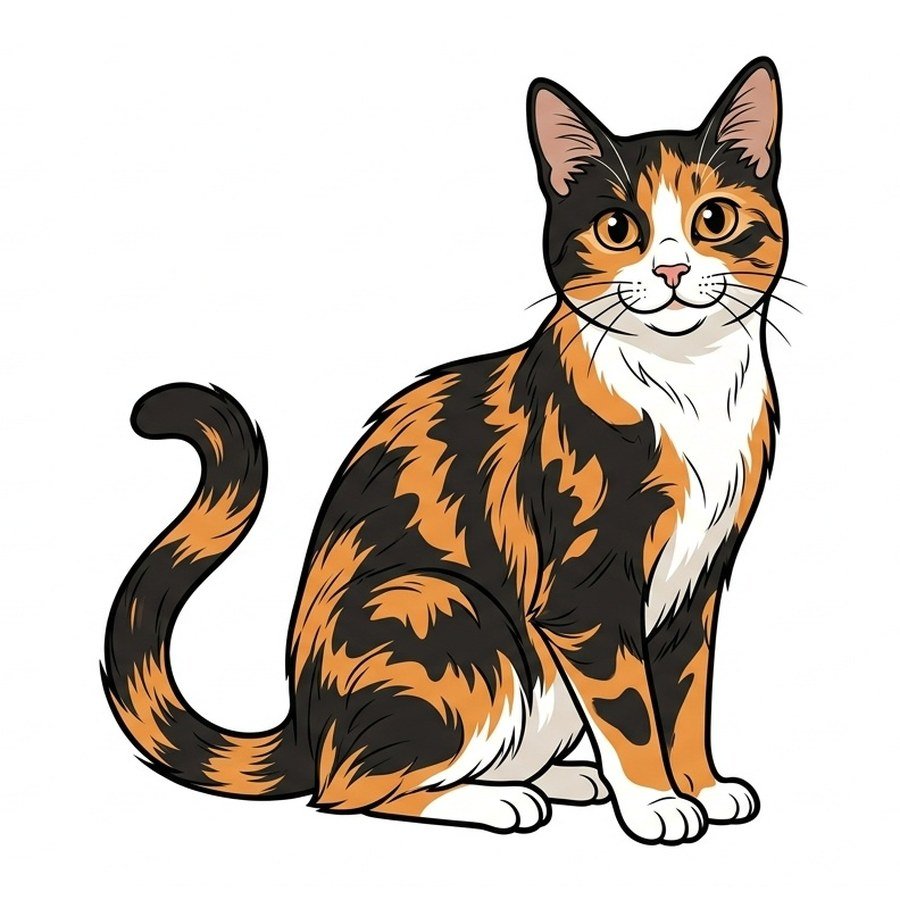 Cartoon calico cat before it is turned into a coloring page