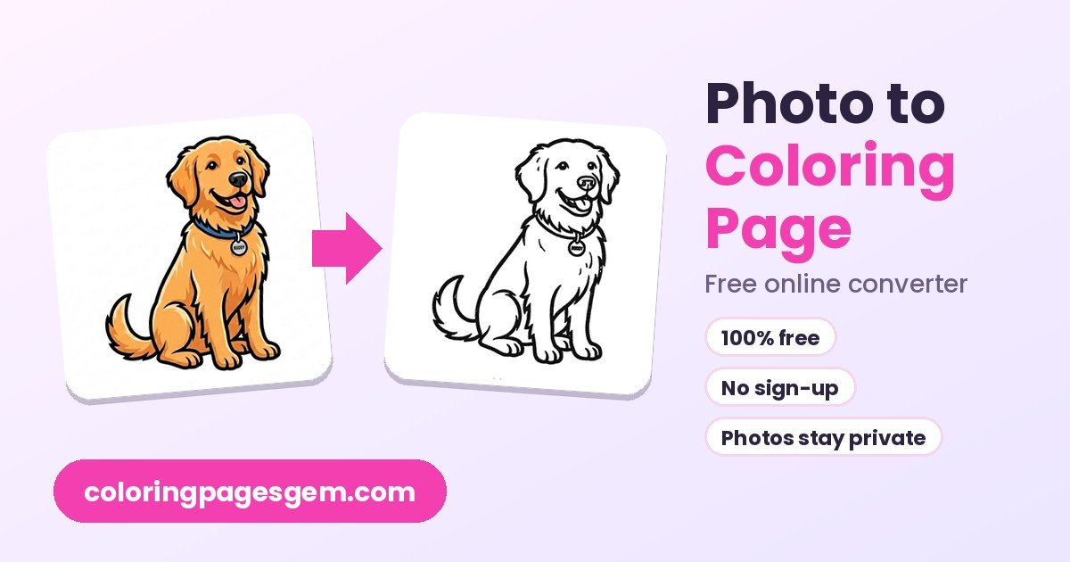 Photo to coloring page converter showing a cartoon dog turned into a printable coloring page