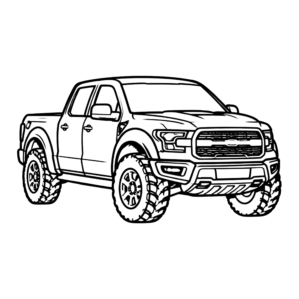 Pickup truck coloring page: a pickup truck with a bed and big wheels to print and color
