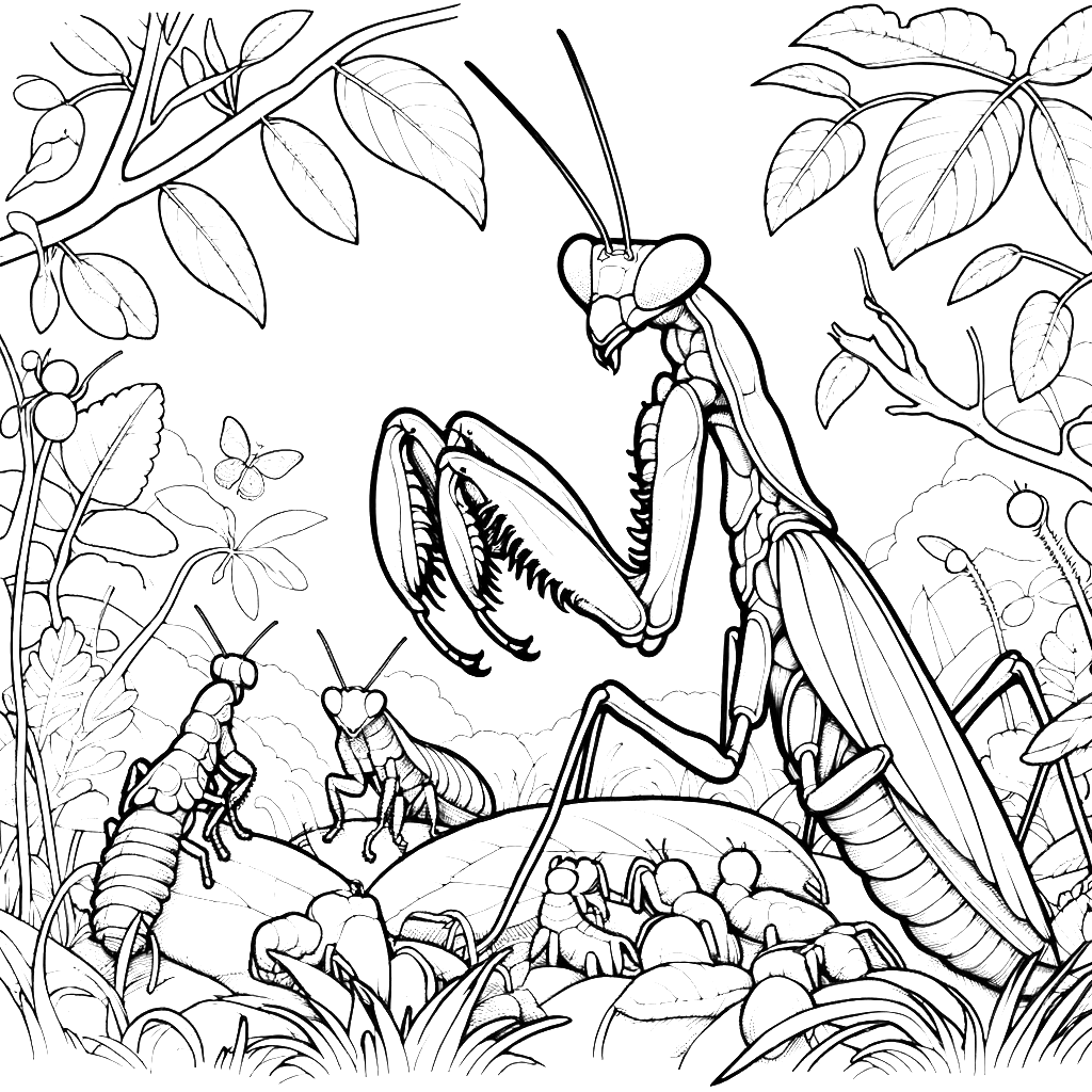 Free printable praying mantis coloring page 4 black and white outline