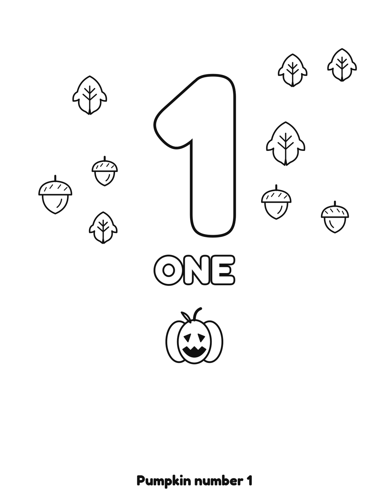 Pumpkin number 1 (one) coloring page with 1 pumpkins, leaves and acorns