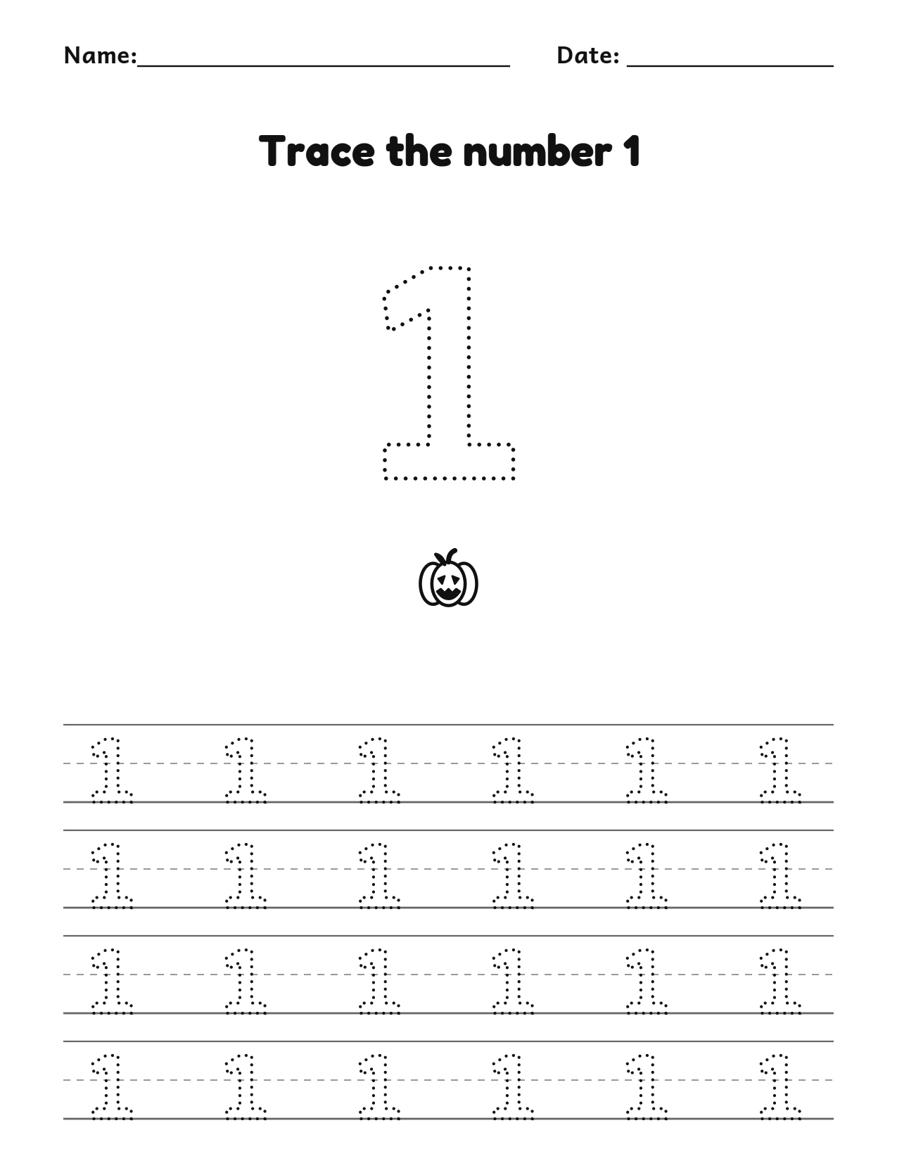 Pumpkin number 1 (one) tracing worksheet with 1 pumpkins and writing lines
