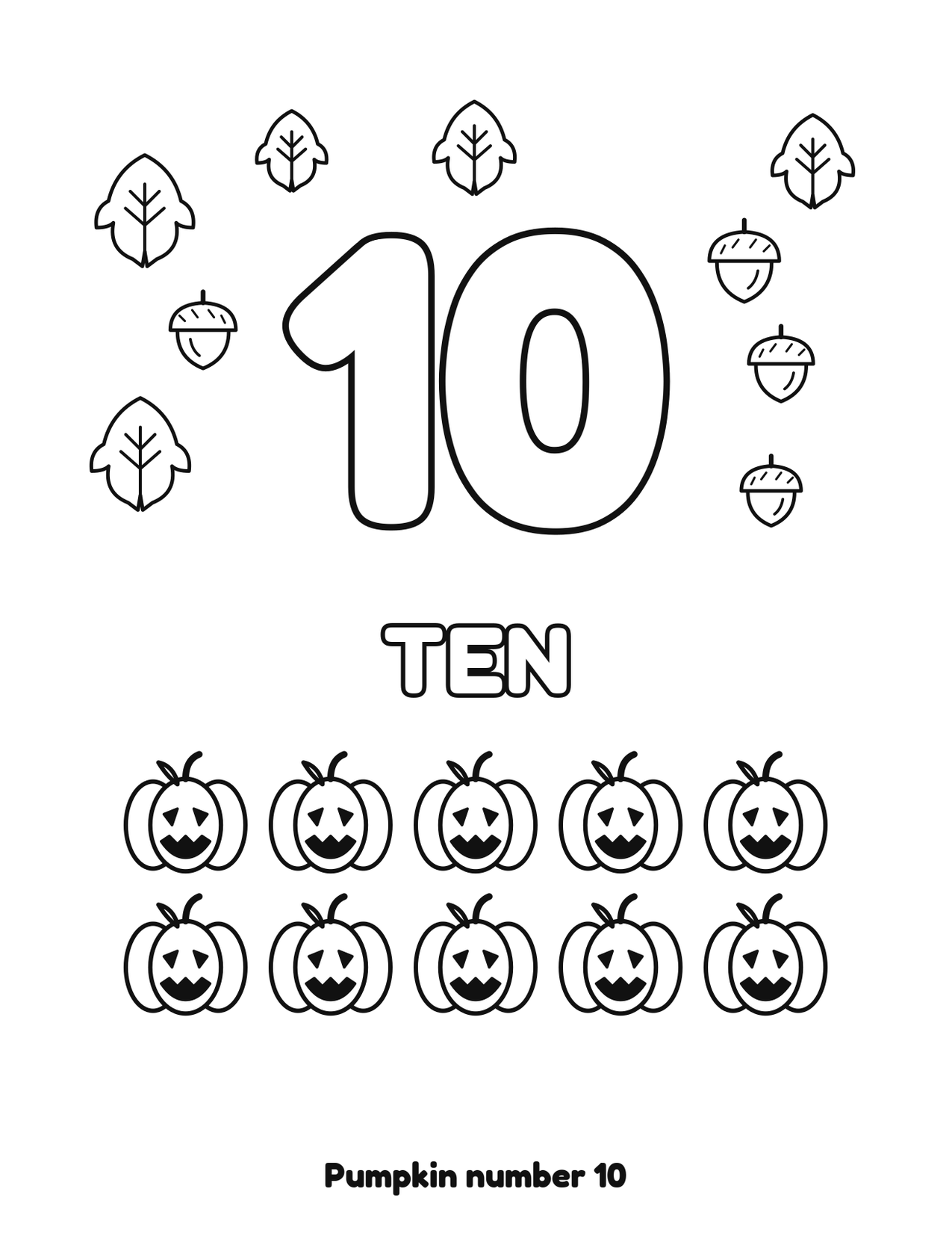 Pumpkin number 10 (ten) coloring page with 10 pumpkins, leaves and acorns