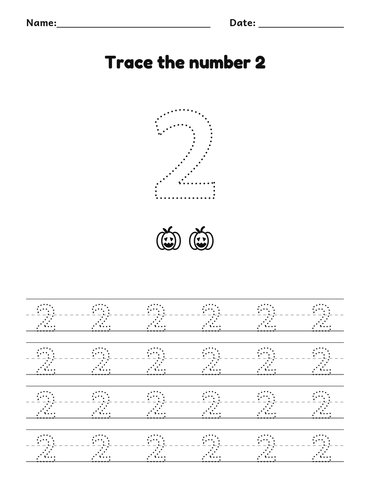 Pumpkin number 2 (two) tracing worksheet with 2 pumpkins and writing lines