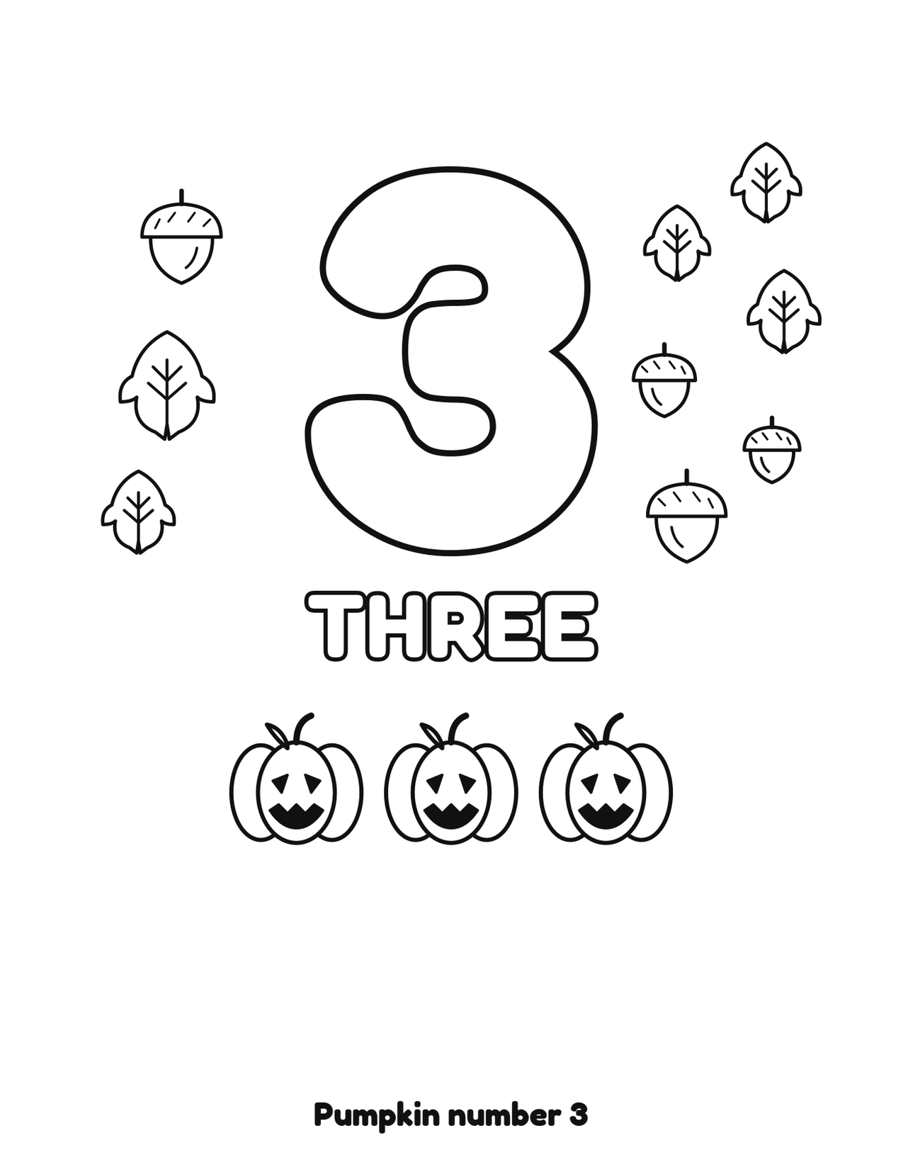 Pumpkin number 3 (three) coloring page with 3 pumpkins, leaves and acorns