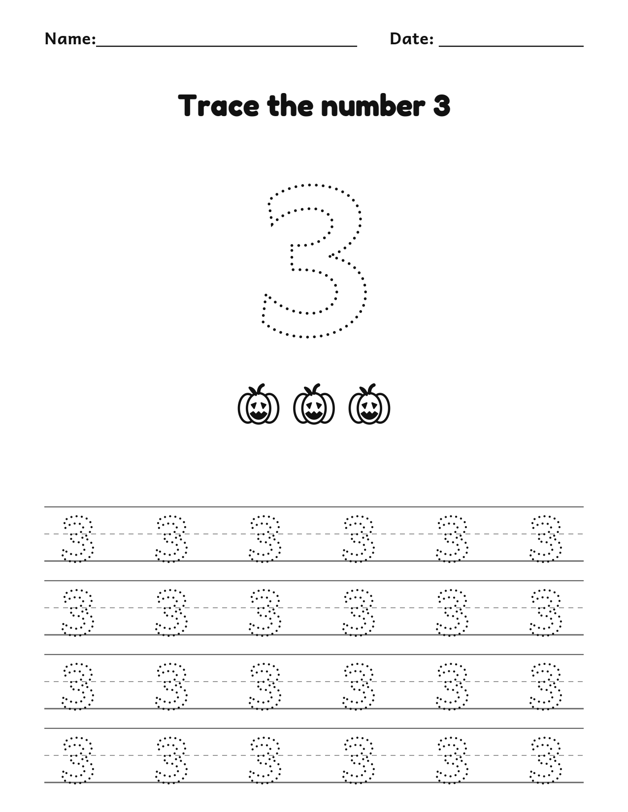 Pumpkin number 3 (three) tracing worksheet with 3 pumpkins and writing lines