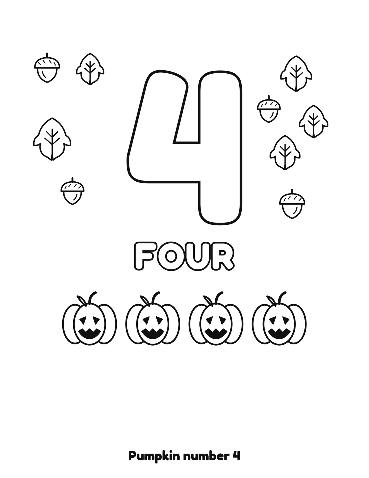 Pumpkin number 4 (four) coloring page with 4 pumpkins, leaves and acorns
