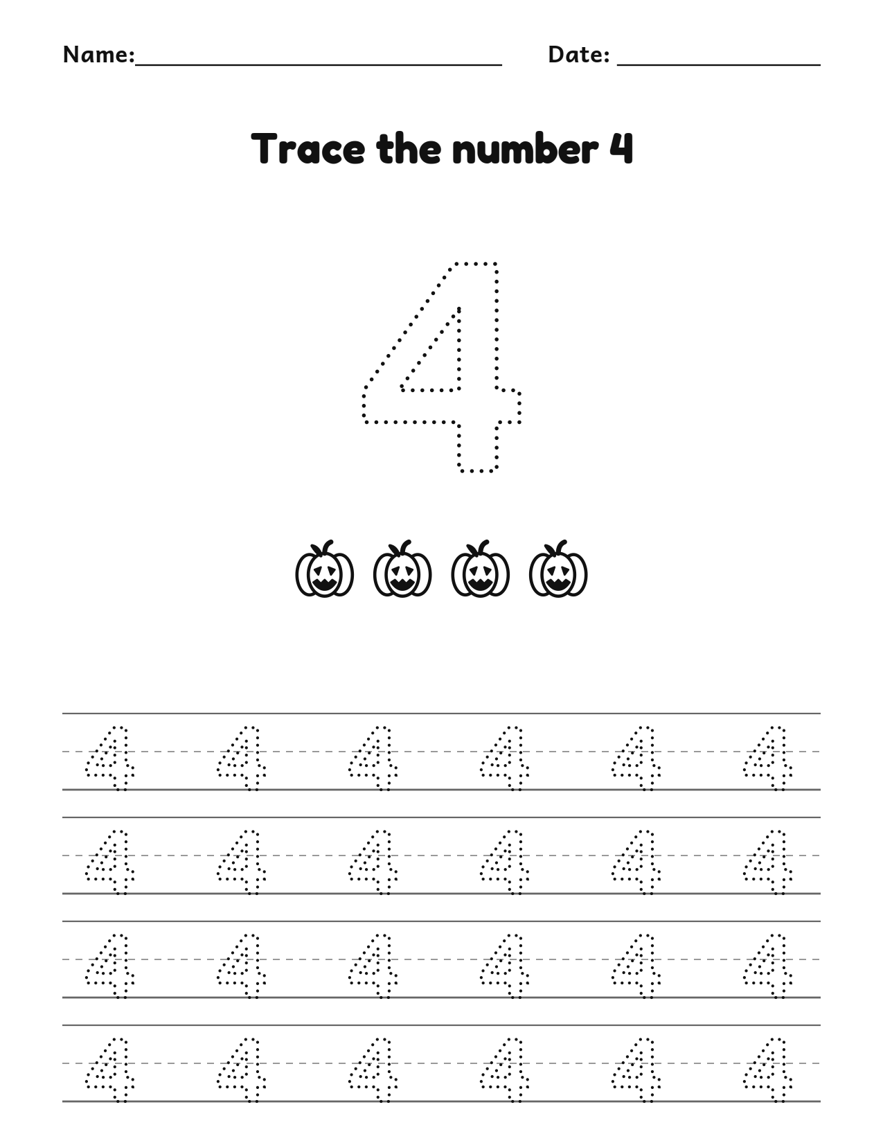 Pumpkin number 4 (four) tracing worksheet with 4 pumpkins and writing lines