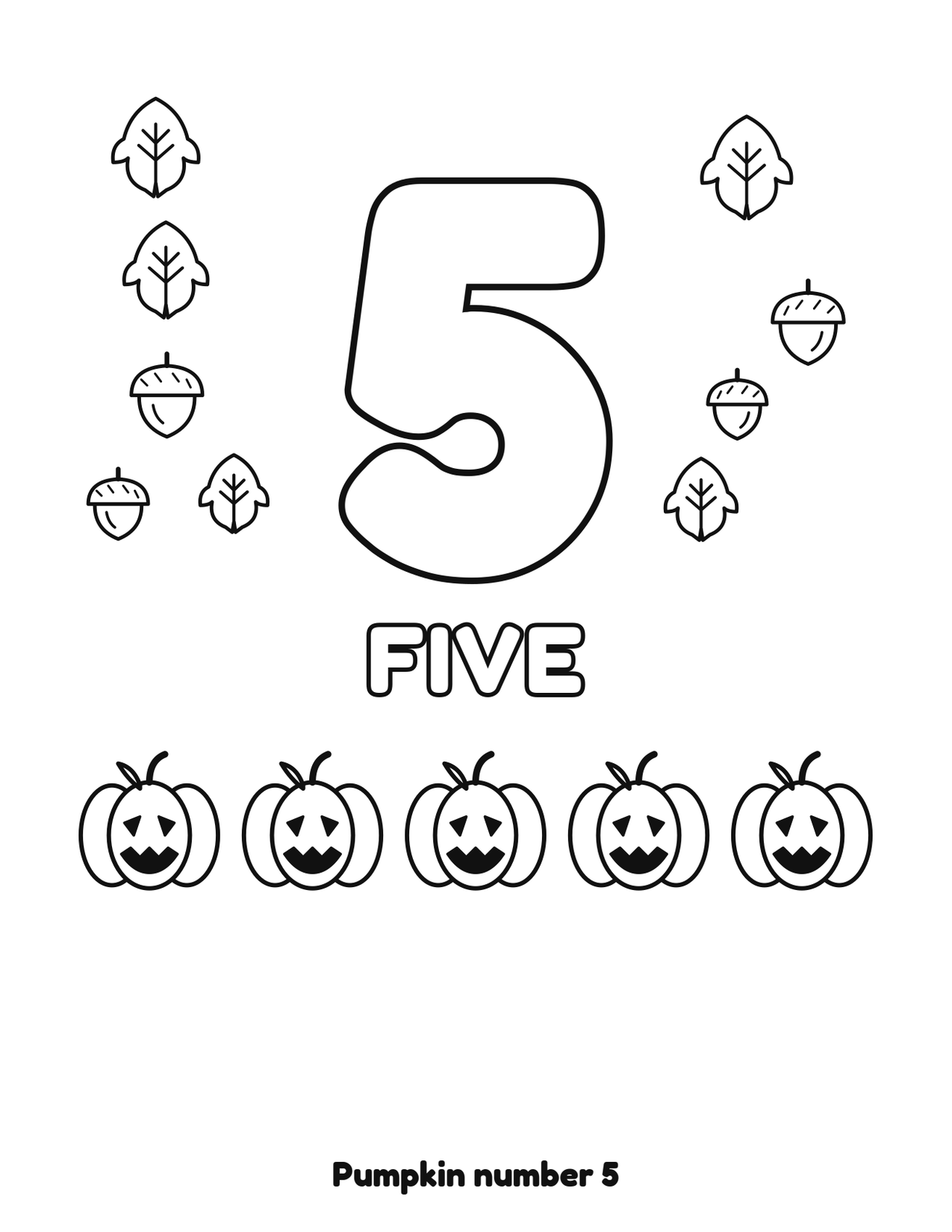 Pumpkin number 5 (five) coloring page with 5 pumpkins, leaves and acorns