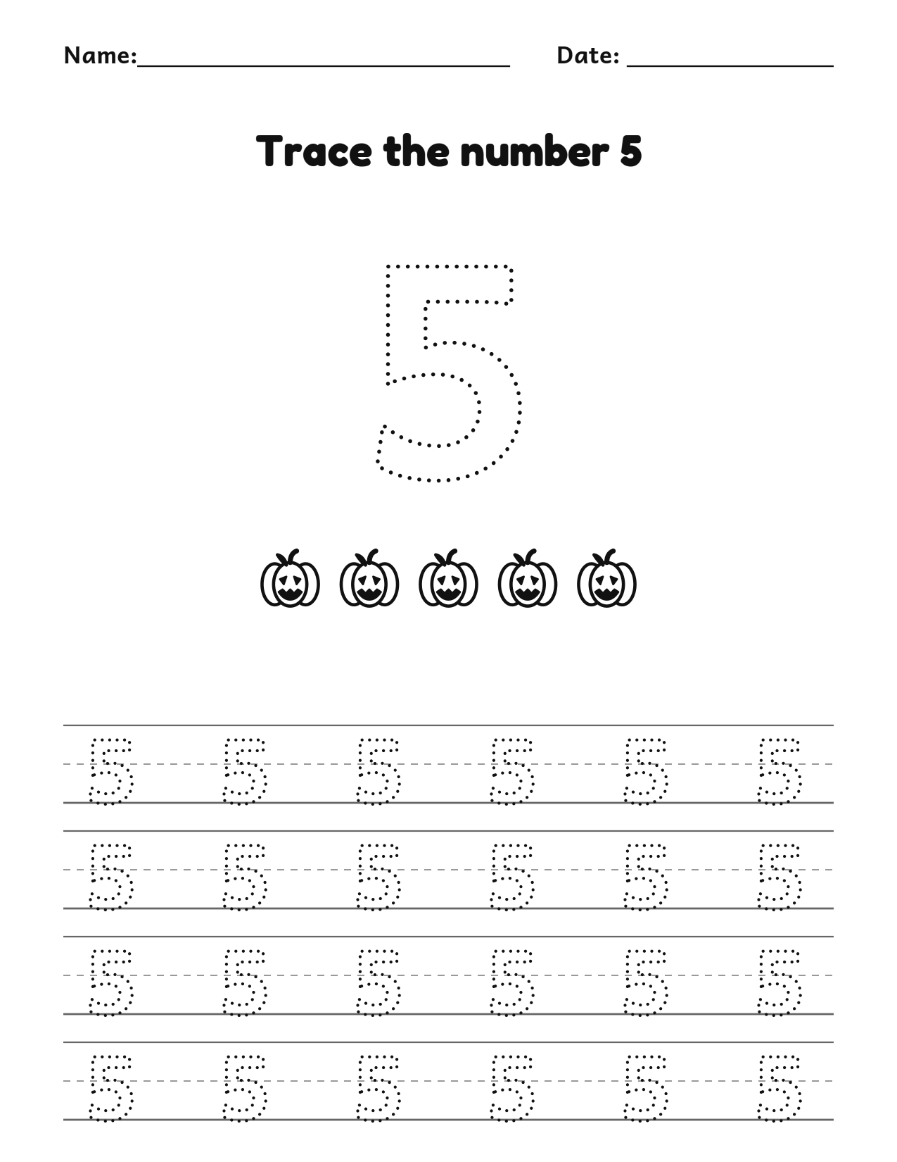 Pumpkin number 5 (five) tracing worksheet with 5 pumpkins and writing lines