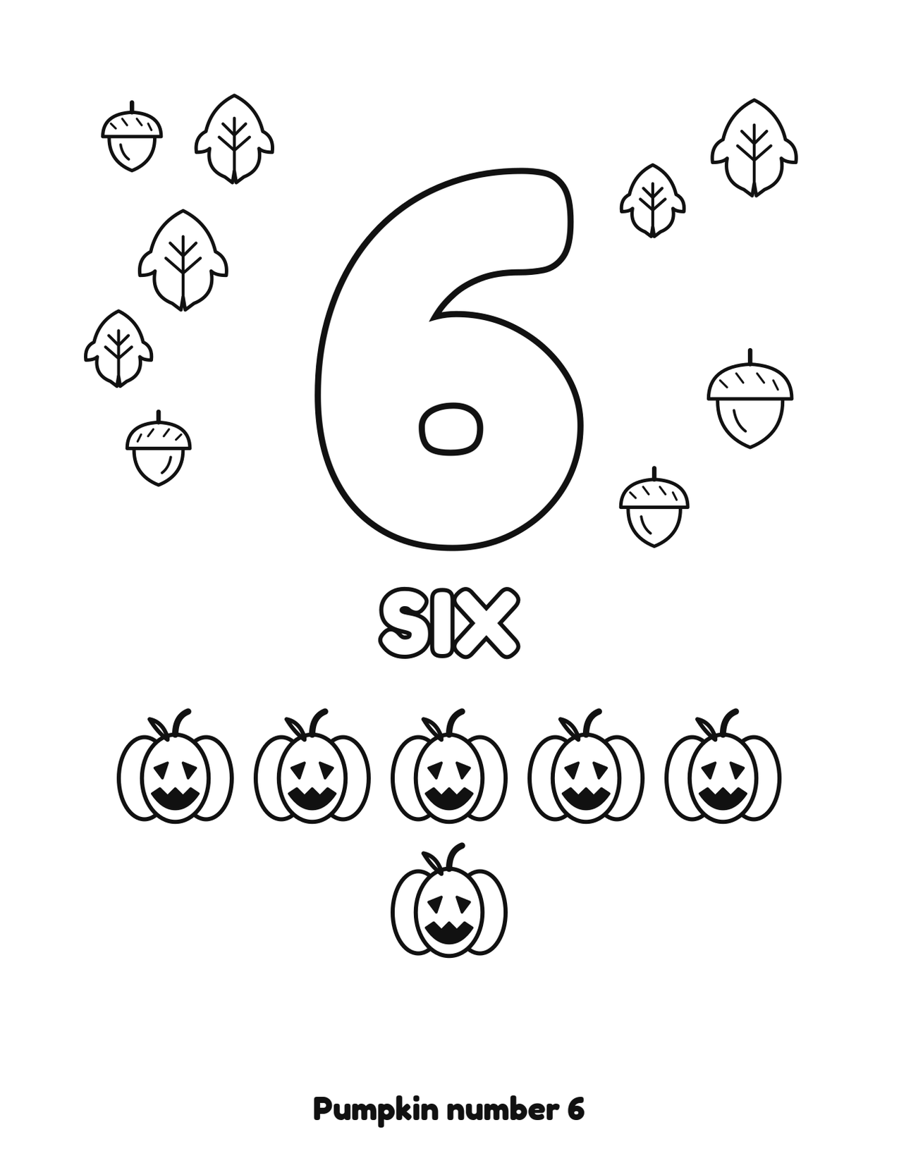 Pumpkin number 6 (six) coloring page with 6 pumpkins, leaves and acorns