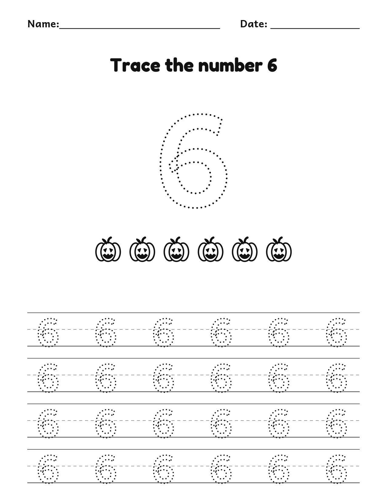 Pumpkin number 6 (six) tracing worksheet with 6 pumpkins and writing lines