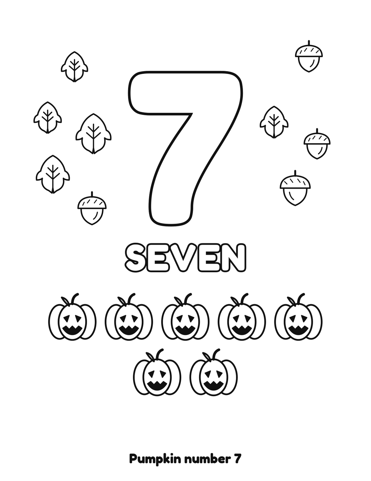 Pumpkin number 7 (seven) coloring page with 7 pumpkins, leaves and acorns