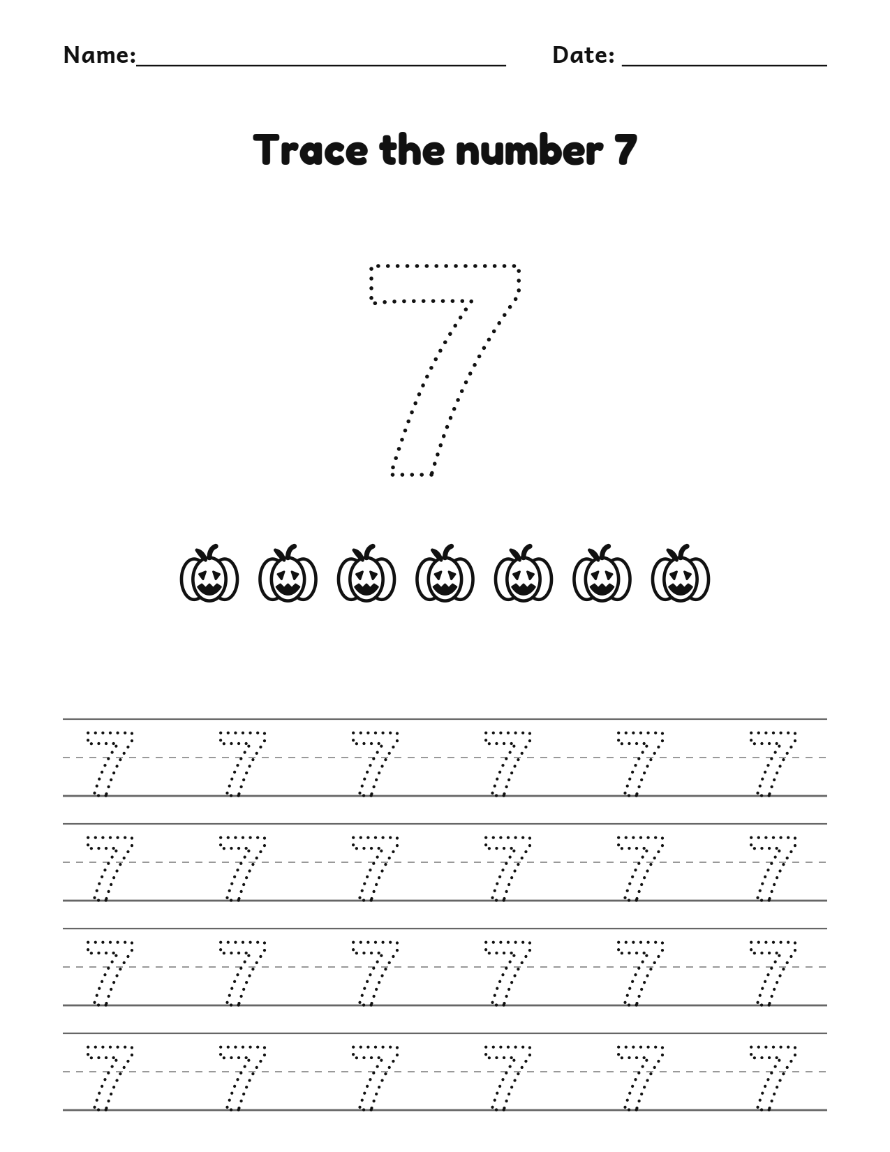 Pumpkin number 7 (seven) tracing worksheet with 7 pumpkins and writing lines